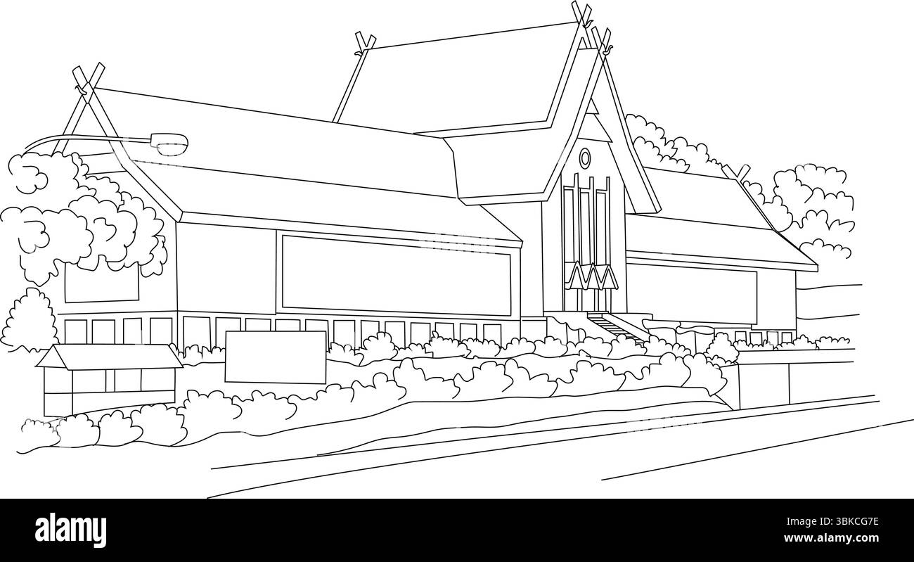 Illustration simple en noir et blanc représentant l'extérieur d'un bâtiment d'un musée national, mettant en valeur son style architectural et ses environs Illustration de Vecteur