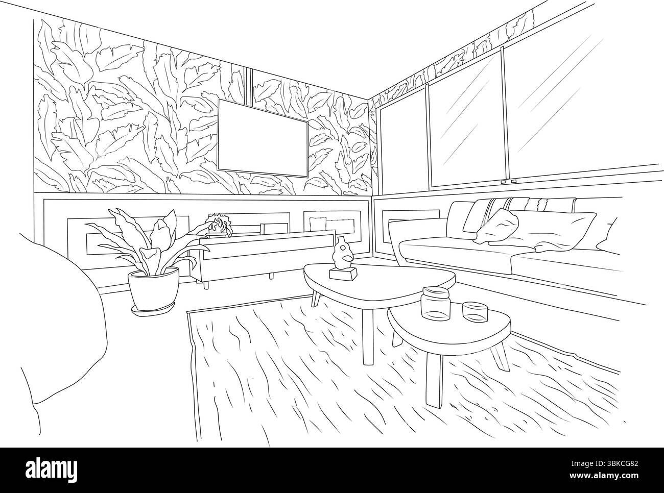 Illustration dessinée à la main d'un intérieur contemporain de salon avec canapé, table basse, plante et papier peint à motifs. Illustration de Vecteur