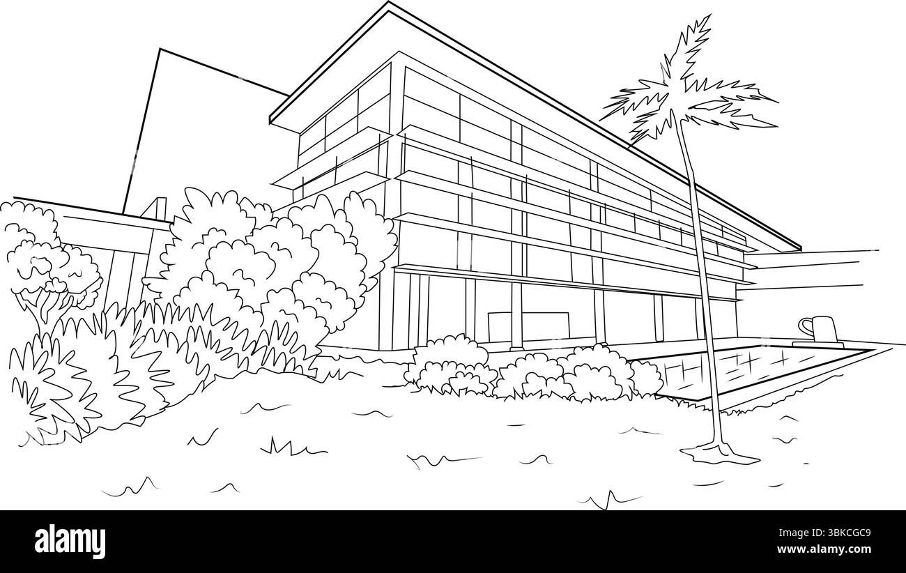 Illustration minimaliste représentant l'architecture moderne du Royal Selangor Visitor Centre à Kuala Lumpur, Malaisie. Caractéristiques du buil Illustration de Vecteur