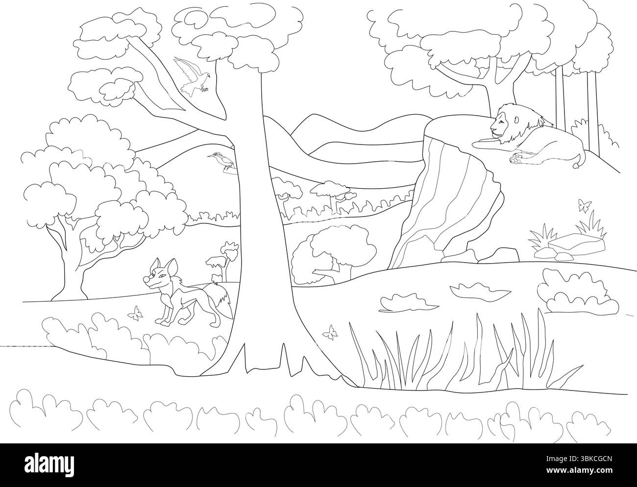 Illustration détaillée d'art au trait représentant une scène animée de jungle ou de savane. Comprend un lion détendu sur un rocher, un curieux chien sauvage explorant, les oiseaux s'élèvent Illustration de Vecteur