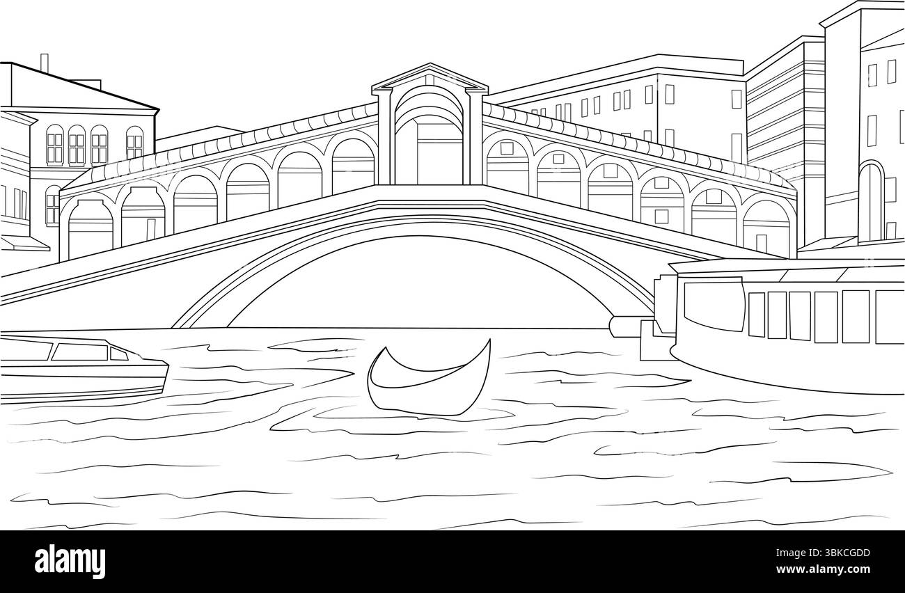 Illustration au trait de l'emblématique pont du Rialto enjambant le Grand canal à Venise, en Italie. Dispose d'une gondole et d'autres bateaux sur l'eau avec clas Illustration de Vecteur