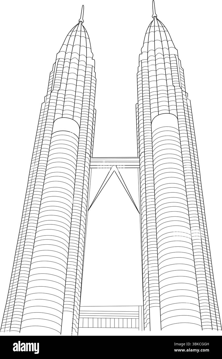 Dessin détaillé en noir et blanc des emblématiques tours jumelles Petronas à Kuala Lumpur, Malaisie. Cette illustration vectorielle fournit un contour net Illustration de Vecteur