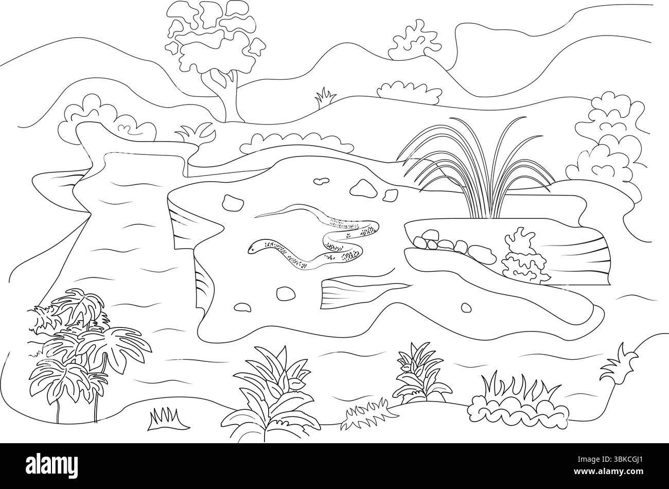Une illustration de contour noir et blanc représentant une scène de jungle luxuriante. Le dessin présente un étang ou une rivière avec un serpent, entouré de diverses tropiques Illustration de Vecteur