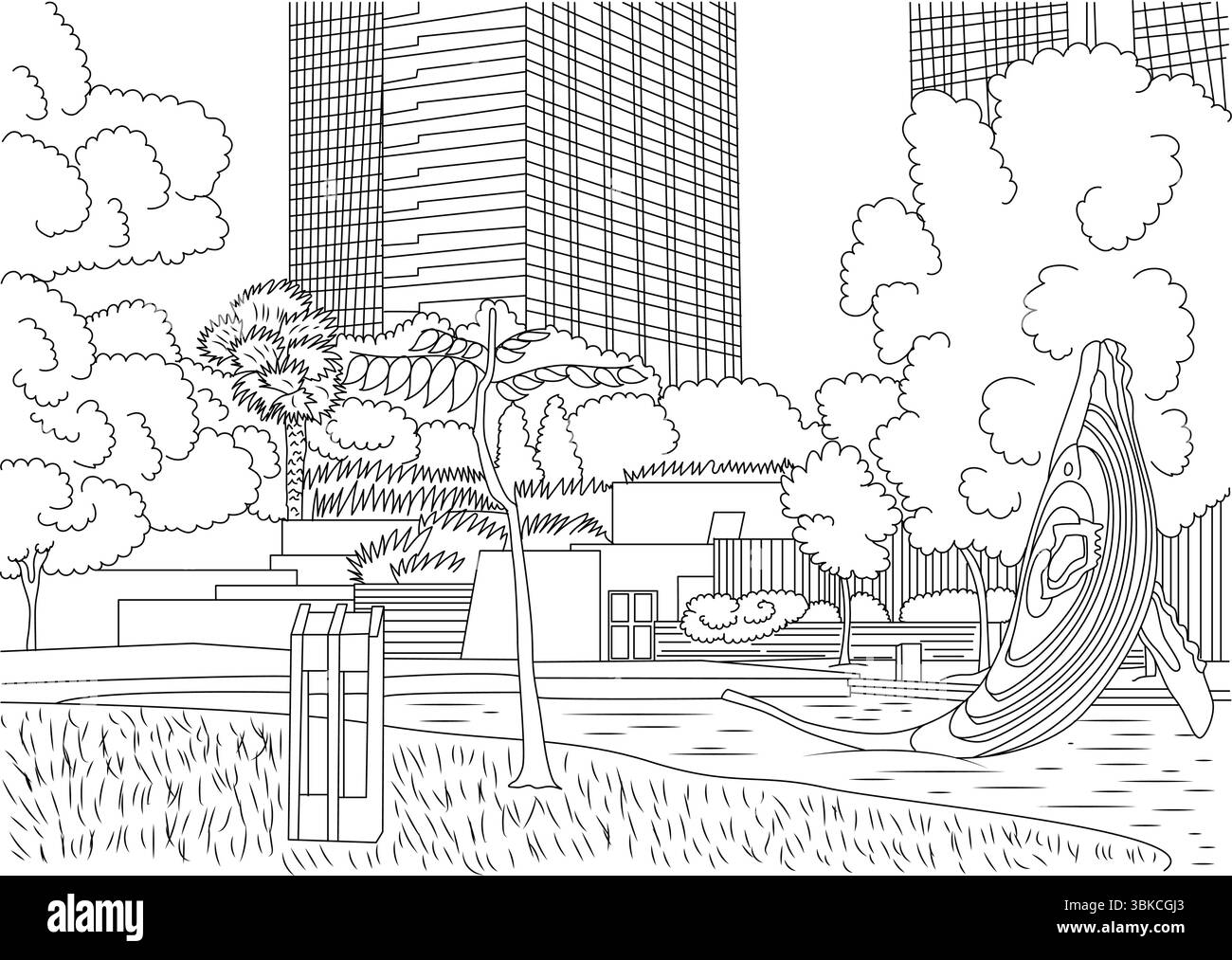 Illustration de dessin au trait noir et blanc du parc KLCC à Kuala Lumpur, Malaisie, avec une vue d'un bâtiment moderne, arbres, buissons, eau, et a s. Illustration de Vecteur