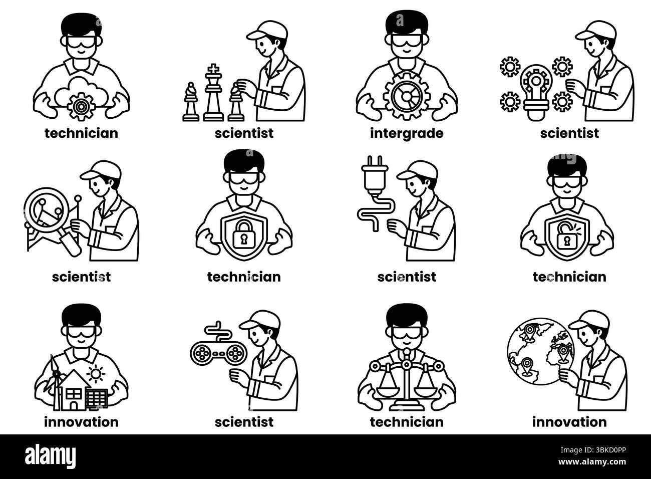 Une série d'hommes en chemises blanches et chapeaux, chacun avec un titre de poste différent. L'image est censée représenter la diversité des professions et l'importation Illustration de Vecteur