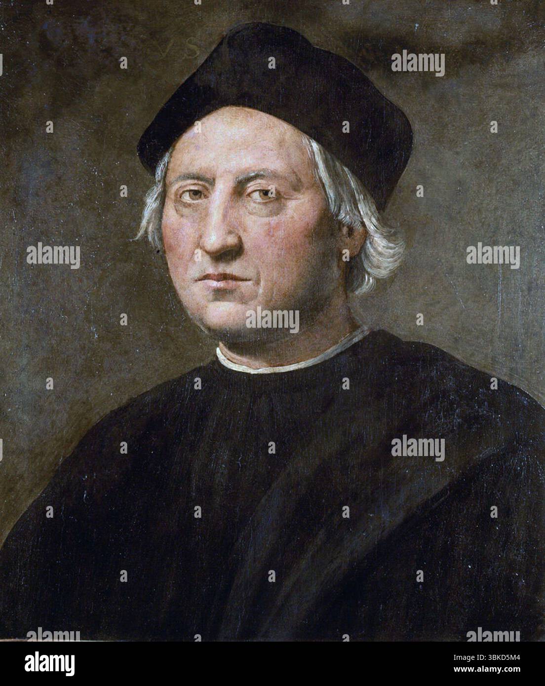 Ce portrait a été exécuté dans la première moitié du XVIe siècle, après la mort de Colomb. Il est exposé dans une vitrine du Musée de la mer et de la navigation de Gênes, 'it Padiglione del Mare e della Navigazione.' L'artiste Ridolfo Ghirlandaio est le fils de Domenico Ghirlandaio. Il est également connu sous le nom de Ridolfo Bigordi. Ghirlandaio n'a jamais vécu en Espagne et il est peu probable qu'il ait jamais rencontré l'amiral. Banque D'Images