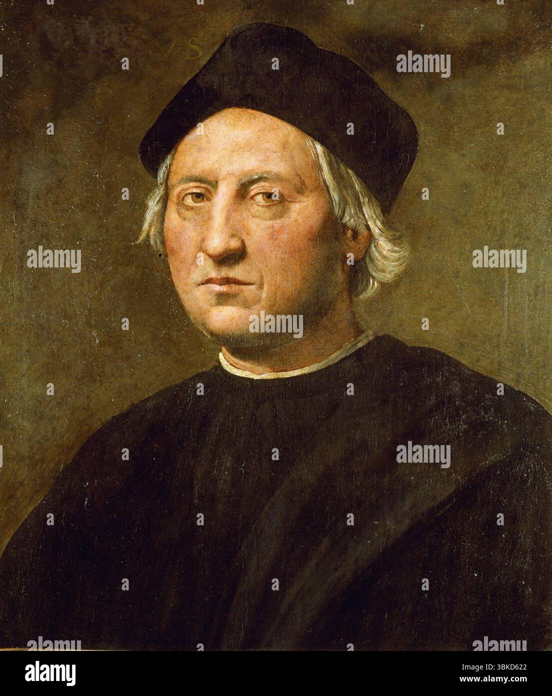 Ce portrait a été exécuté dans la première moitié du XVIe siècle, après la mort de Colomb. Il est exposé dans une vitrine du Musée de la mer et de la navigation de Gênes, 'it Padiglione del Mare e della Navigazione.' L'artiste Ridolfo Ghirlandaio est le fils de Domenico Ghirlandaio. Il est également connu sous le nom de Ridolfo Bigordi. Ghirlandaio n'a jamais vécu en Espagne et il est peu probable qu'il ait jamais rencontré l'amiral. Banque D'Images