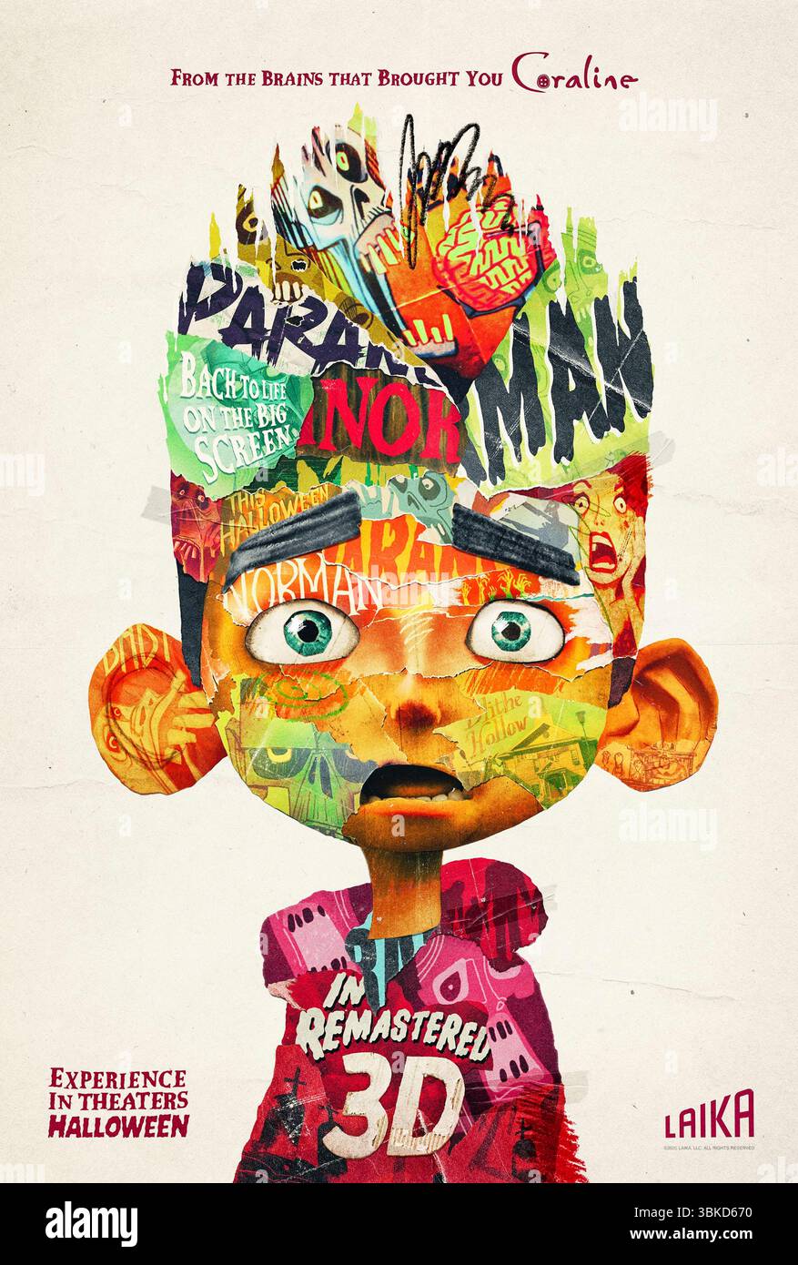 ParaNorman (2012) Remastered 3D réalisé par Chris Butler et Sam Fell avec Kodi Smit-McPhee, Anna Kendrick et Tucker Albrizzi. Ce film d'animation en stop-motion bien-aimé revient dans les salles dans un format RealD 3D récemment remasterisé, mettant en scène un garçon incompris qui peut parler aux fantômes et doit mettre fin à la malédiction d'une sorcière de 300 ans sur sa ville. Affiche AMÉRICAINE À une feuille POUR USAGE ÉDITORIAL UNIQUEMENT. Crédit : BFA / Laika Banque D'Images