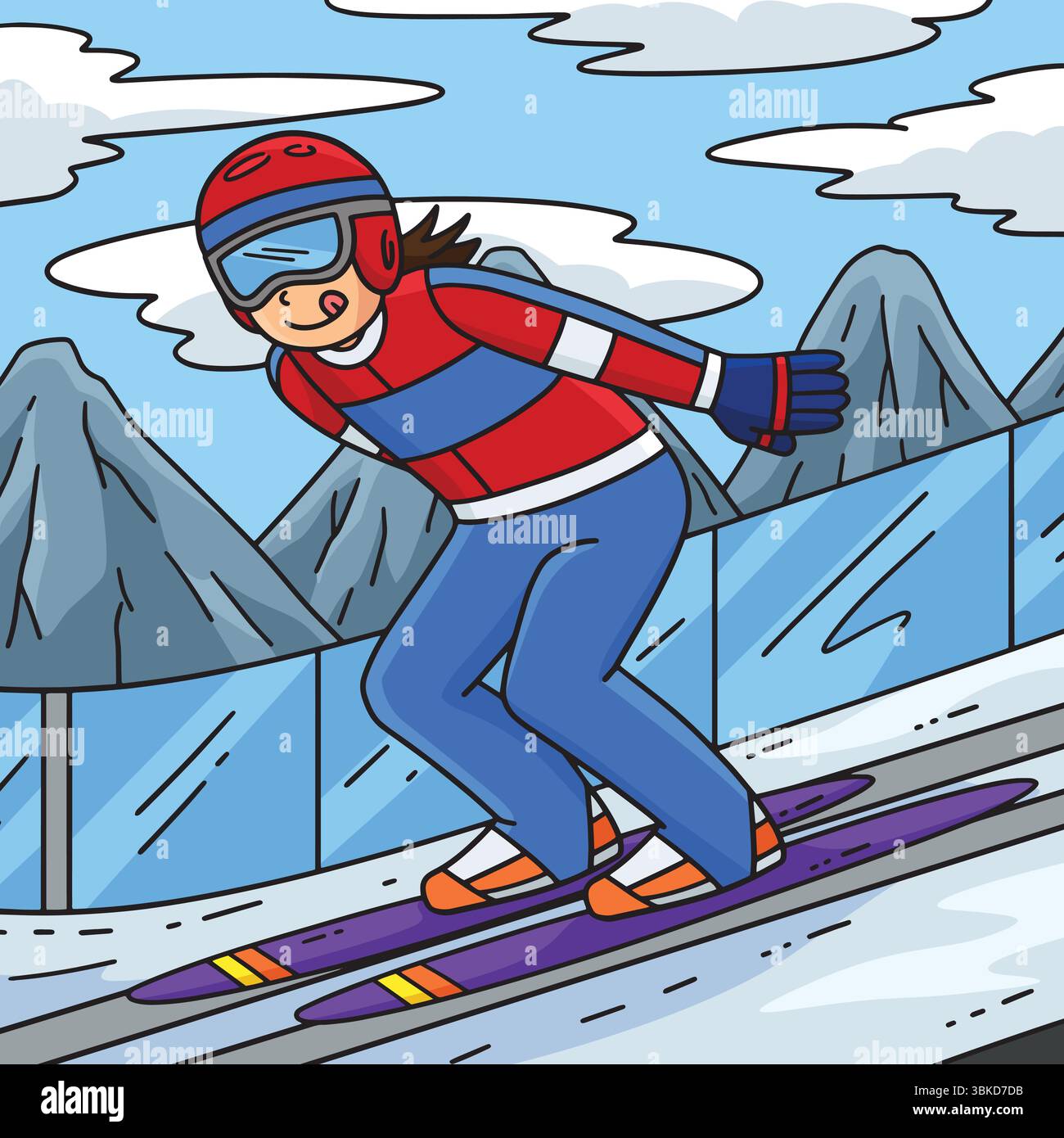Saut à ski femme Jumper Sliding Cartoon coloré Illustration de Vecteur