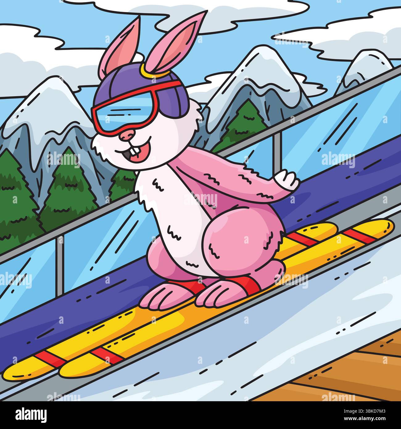 Saut à ski lapin dessin animé coloré Illustration de Vecteur
