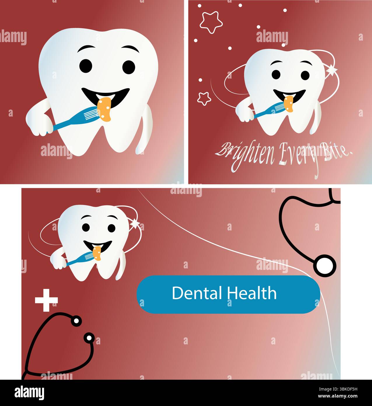 Ensemble de promotion de clinique dentaire avec mascotte de dents - panneaux de bande dessinée dentaire mignons avec bulle de parole et icônes de soins de santé Illustration de Vecteur