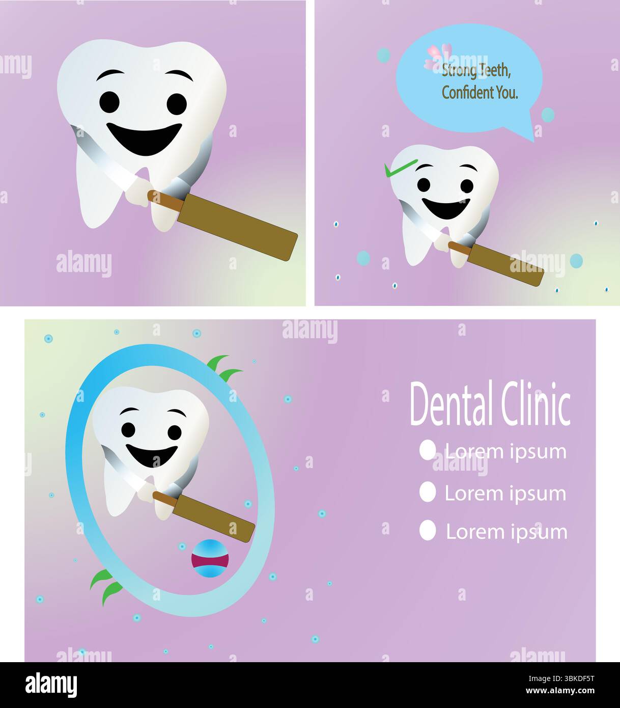 Ensemble de promotion de clinique dentaire avec mascotte de dents - panneaux de bande dessinée dentaire mignons avec bulle de parole et icônes de soins de santé Illustration de Vecteur