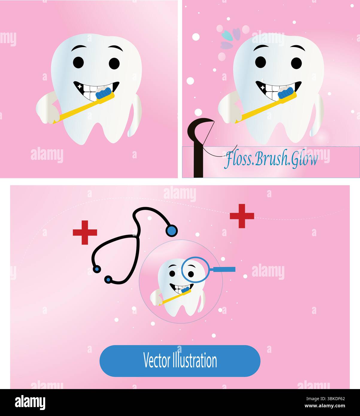 Ensemble de promotion de clinique dentaire avec mascotte de dents - panneaux de bande dessinée dentaire mignons avec bulle de parole et icônes de soins de santé Illustration de Vecteur