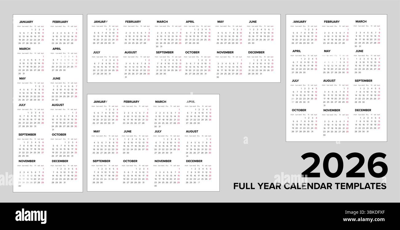 Ensemble de 2026 modèles de calendrier annuels offrant diverses mises en page. Idéal pour la planification d'entreprise ou un usage personnel avec ces 2026 calendrier vecteur templat Illustration de Vecteur