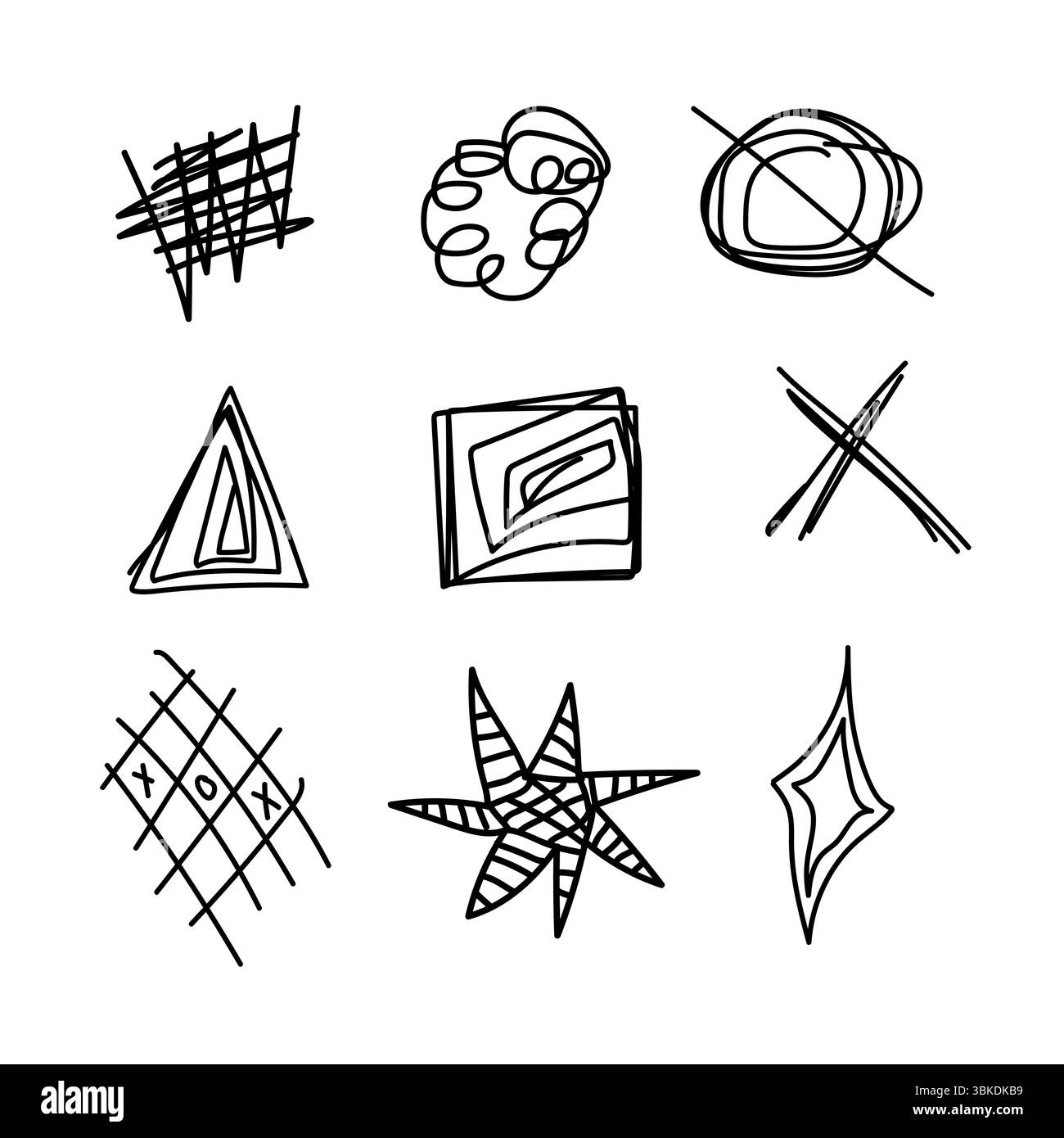 Ensemble de formes triangle, carré, croix, lignes. Coup de pinceau dessiné à la main, illustration vectorielle. Illustration de Vecteur