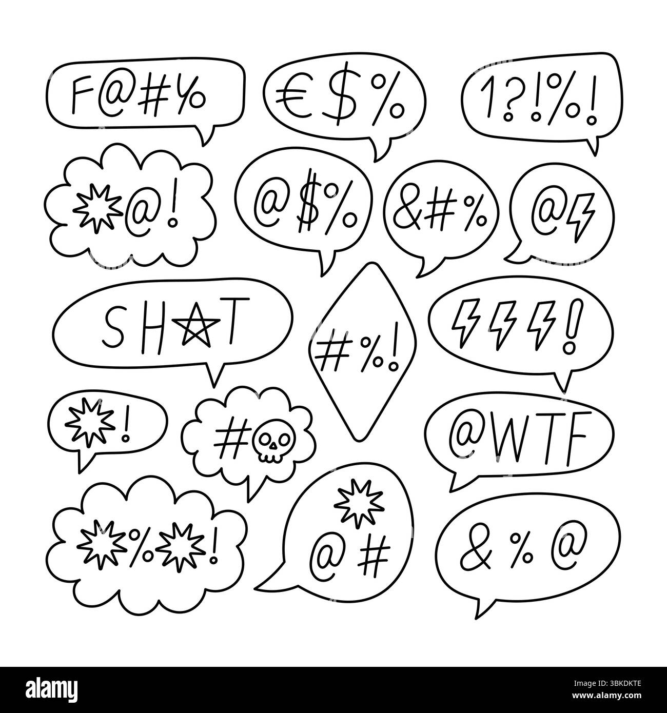 Bulles de discours de style comique dessinées à la main avec des mots de jument censurés utilisant des symboles. Expressions agressives pour la bande dessinée, l'humour ou le design pop. Illustration de Vecteur