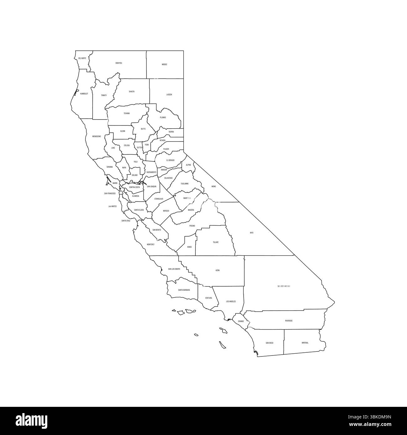 Californie, CA - carte politique détaillée de l'état américain. Carte administrative divisée en comtés. Carte fine à contour noir avec étiquettes de nom de comté. Illustration vectorielle Illustration de Vecteur