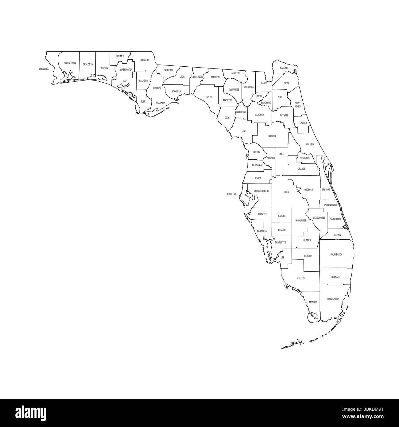 Floride, FL - carte politique détaillée de l'état américain. Carte administrative divisée en comtés. Carte fine à contour noir avec étiquettes de nom de comté. Illustration vectorielle Illustration de Vecteur
