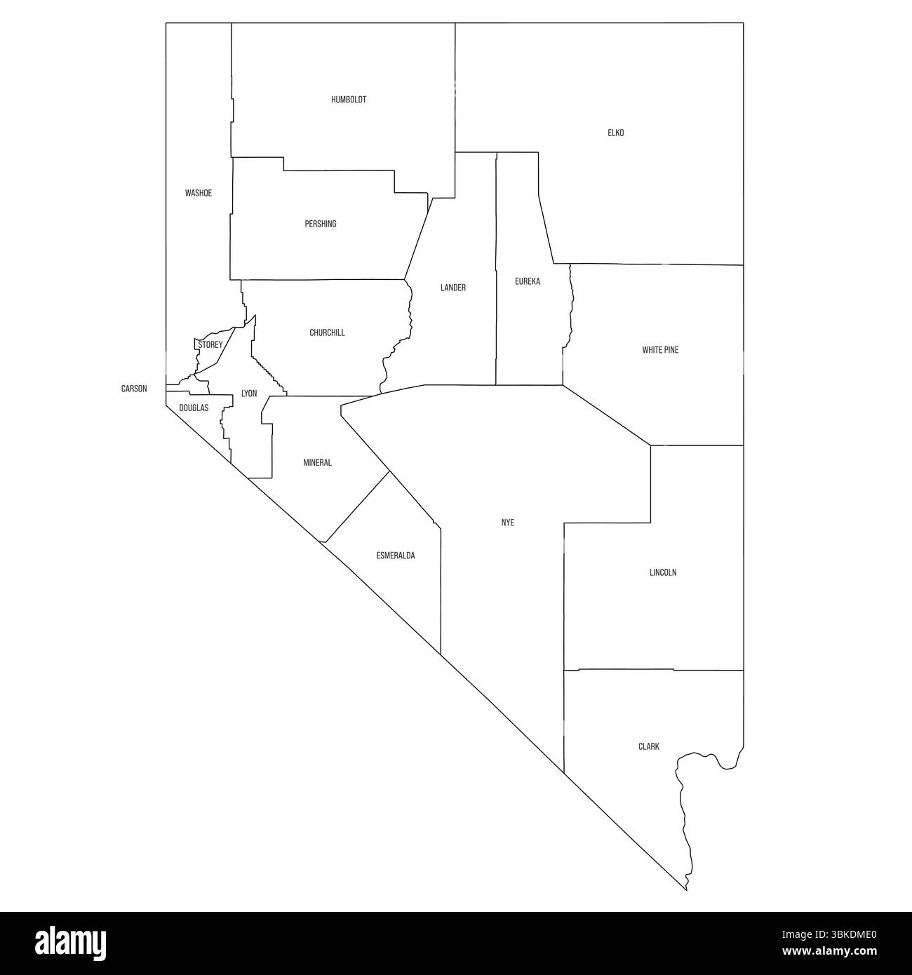 Nevada, NV - carte politique détaillée de l'état américain. Carte administrative divisée en comtés. Carte fine à contour noir avec étiquettes de nom de comté. Illustration vectorielle Illustration de Vecteur