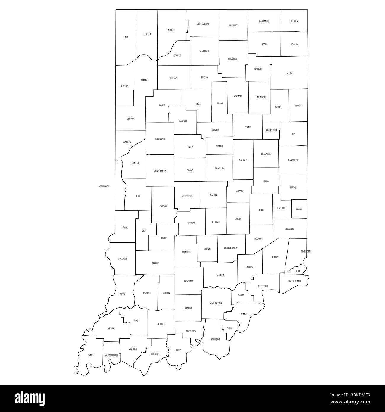 Indiana, IN - carte politique détaillée de l'état américain. Carte administrative divisée en comtés. Carte fine à contour noir avec étiquettes de nom de comté. Illustration vectorielle Illustration de Vecteur