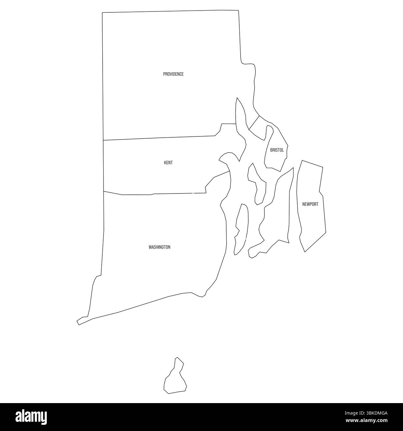 Rhode Island, RI - carte politique détaillée de l'état américain. Carte administrative divisée en comtés. Carte fine à contour noir avec étiquettes de nom de comté. Illustration vectorielle Illustration de Vecteur