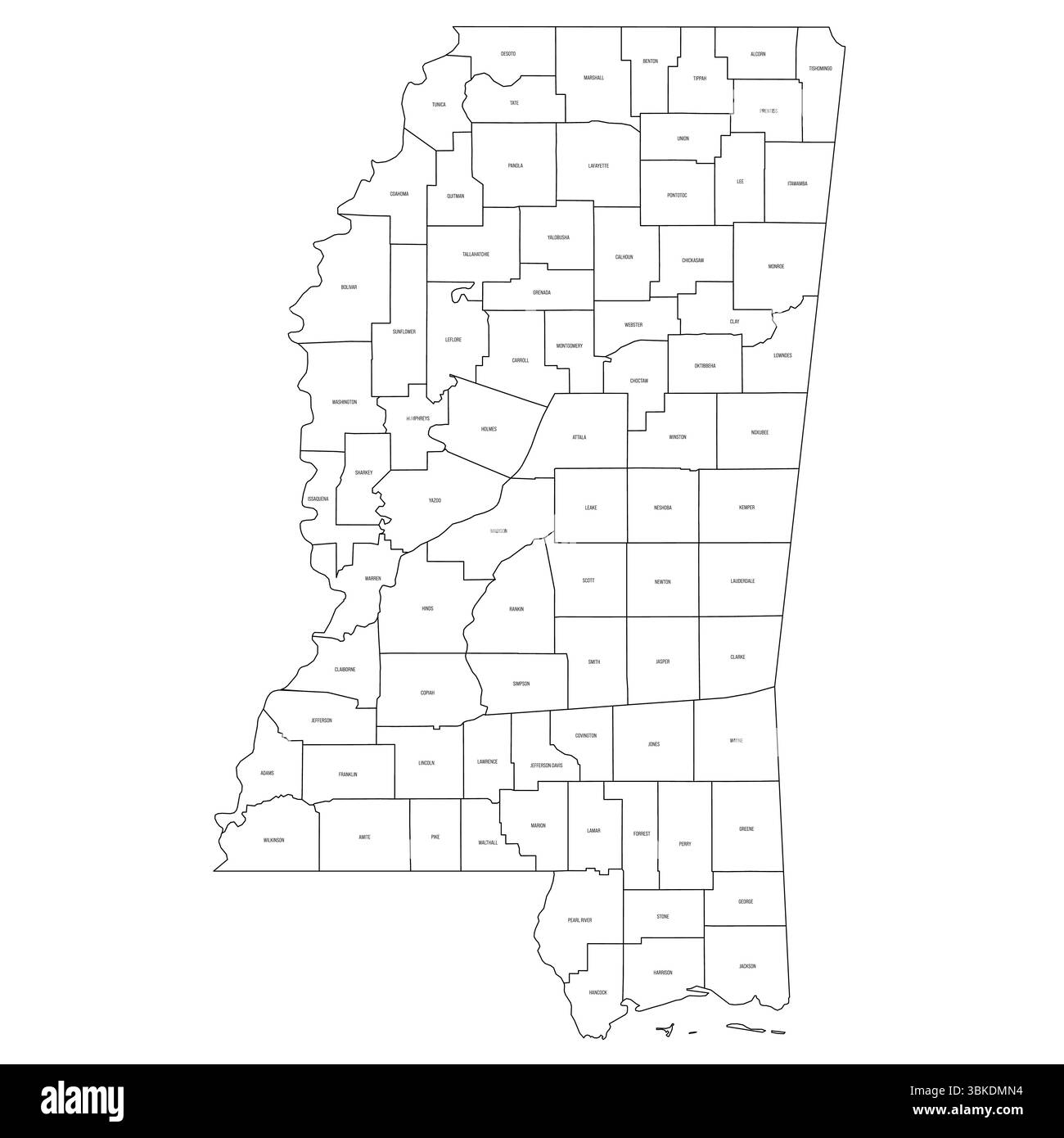 Mississippi, MS - carte politique détaillée de l'état américain. Carte administrative divisée en comtés. Carte fine à contour noir avec étiquettes de nom de comté. Illustration vectorielle Illustration de Vecteur