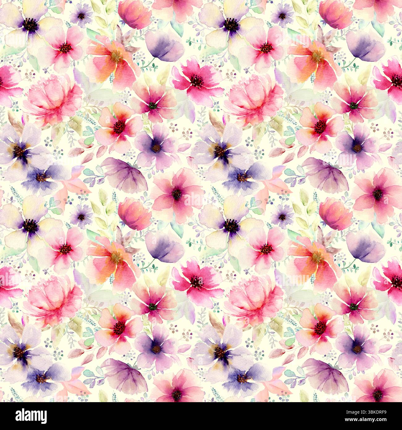 Aquarelle abstrait motif floral audacieux sans couture. Aquarelle dessinée à la main colorée violet rose rouge illustration de fleur sur blanc chaud. Impression multicolore Banque D'Images