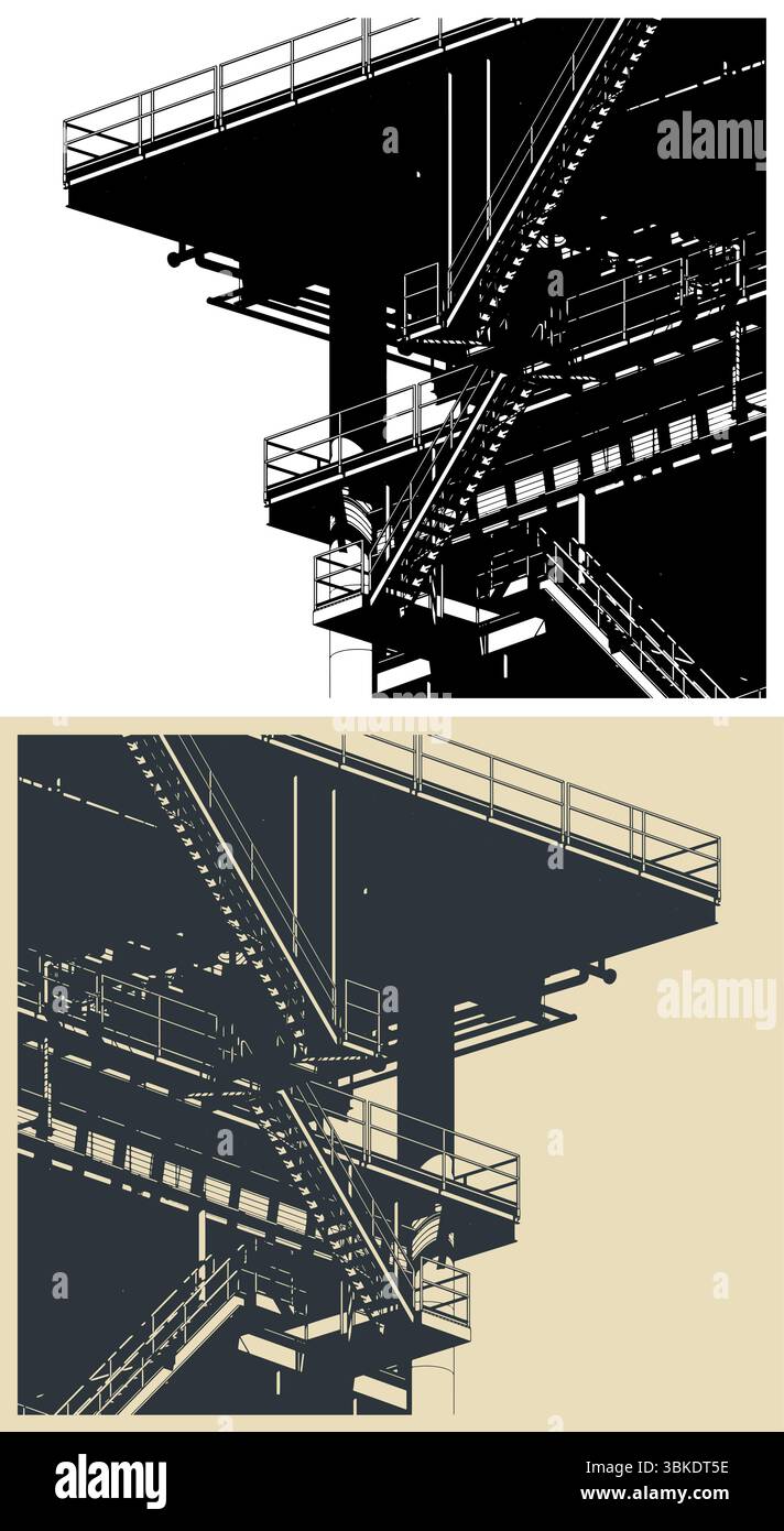 Structures métalliques de la plate-forme pétrolière offshore pour la production de pétrole et de gaz gros plan illustrations vectorielles stylisées Illustration de Vecteur