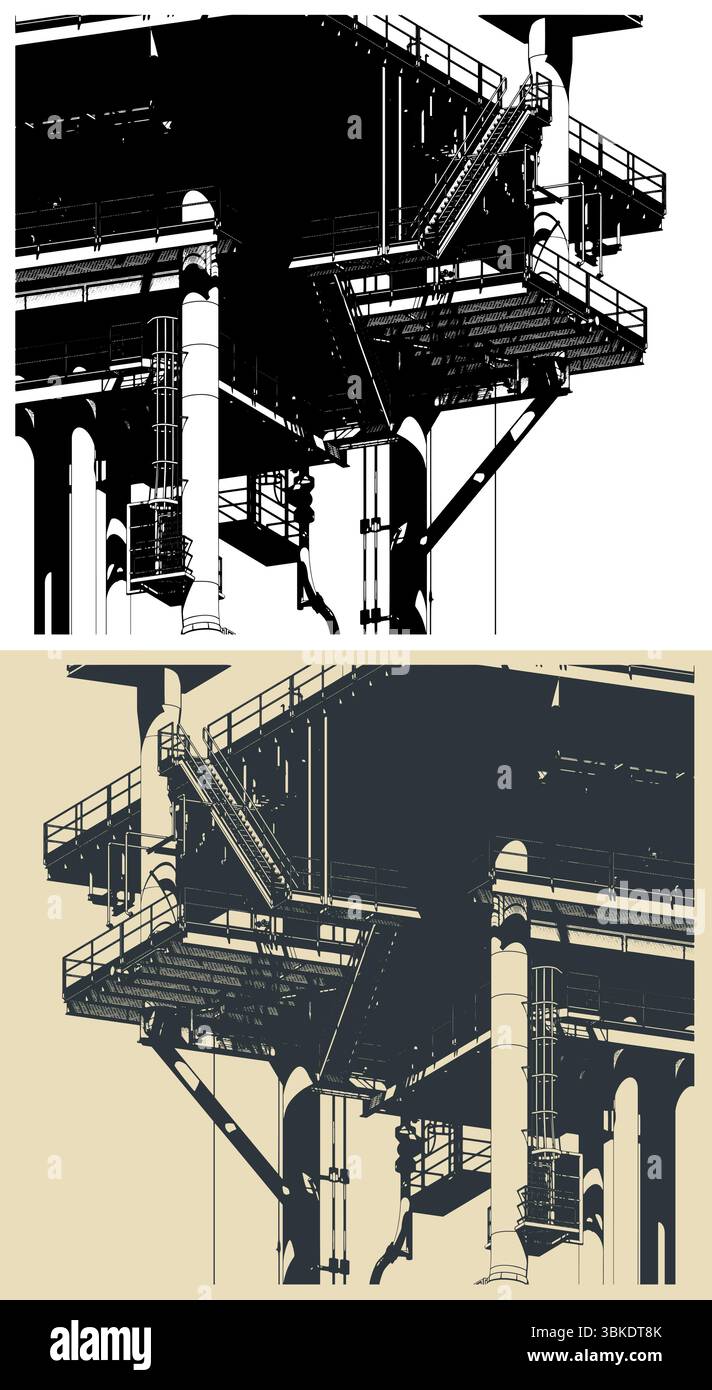 Structures métalliques de la plate-forme pétrolière offshore pour la production de pétrole et de gaz gros plan illustrations vectorielles stylisées Illustration de Vecteur