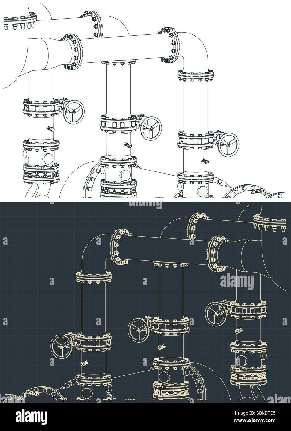 Les plans isométriques des vannes et tuyaux industriels rapprochent les illustrations vectorielles stylisées Illustration de Vecteur