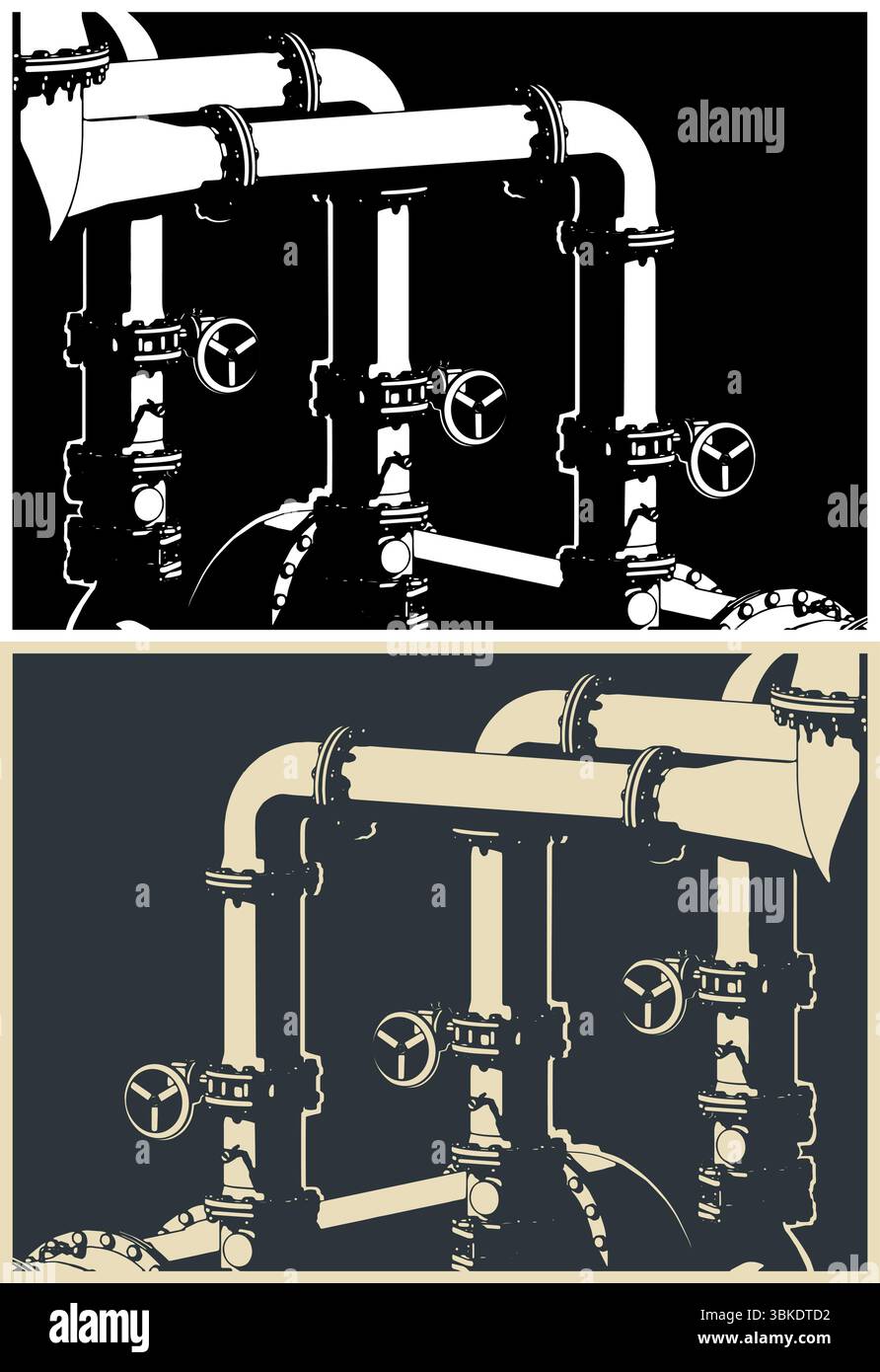 Les vannes et tuyaux industriels rapprochent les illustrations vectorielles stylisées Illustration de Vecteur