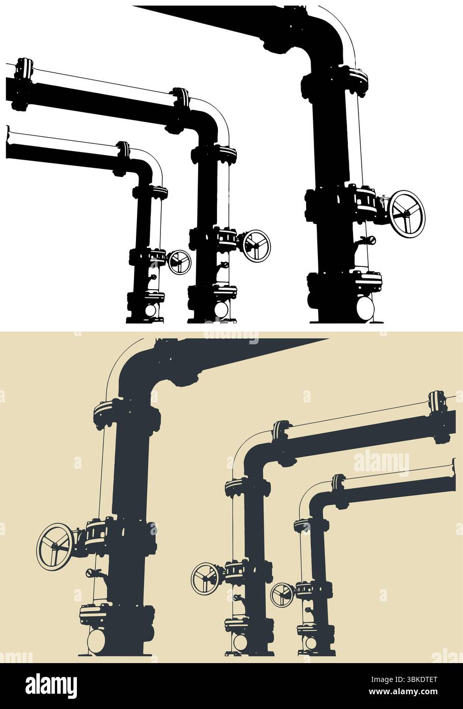 Illustrations vectorielles stylisées de vannes et de tuyaux industriels en gros plan Illustration de Vecteur