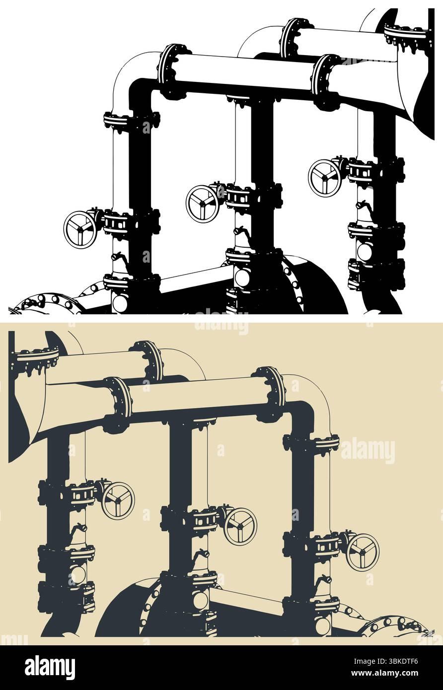 Illustrations vectorielles stylisées de vannes et de tuyaux industriels en gros plan Illustration de Vecteur
