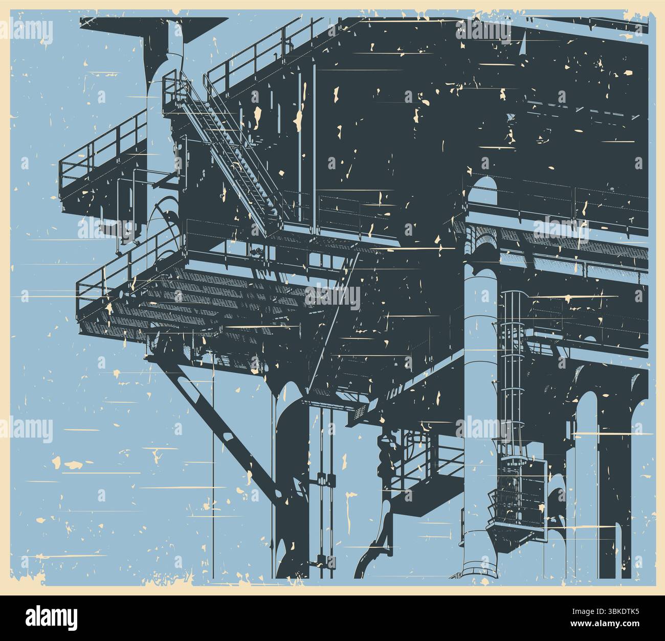 Structures métalliques de la plate-forme pétrolière offshore pour la production de pétrole et de gaz gros plan illustration vectorielle stylisée dans le style rétro affiche Illustration de Vecteur
