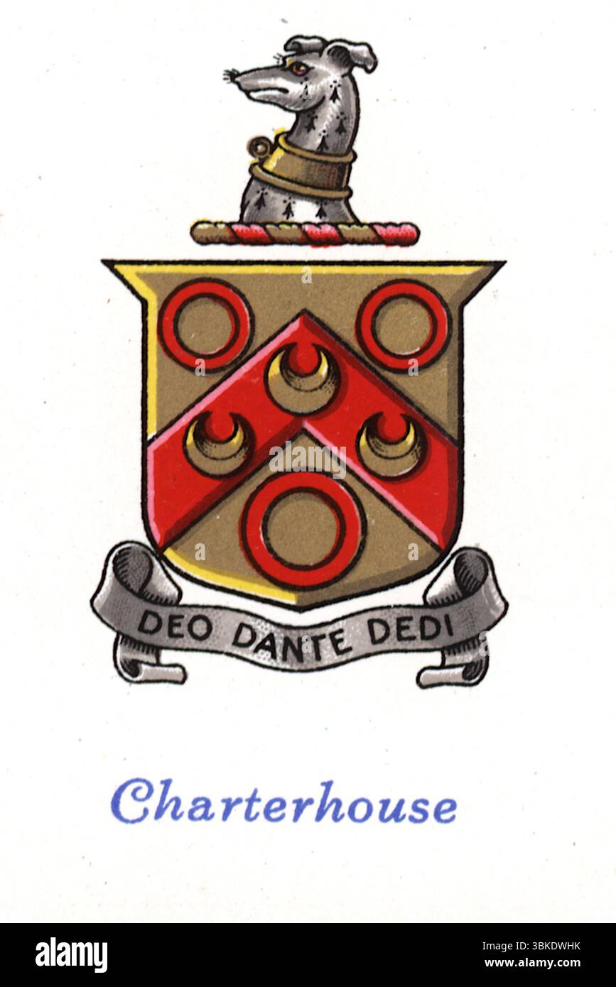Les armoiries de la Charterhouse School qui, en 1872, déménage de Londres à Godalming dans le Surrey. D'après les cartes de cigarettes 'Arms of public Schools' publiées par le fabricant de tabac W.D. & H.O. Wills en 1933. Banque D'Images