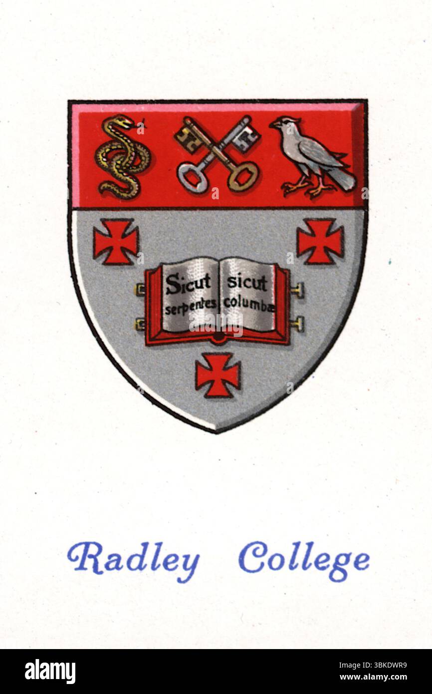 Les armoiries du Radley College d'Abingdon, Berkshire, Angleterre. L'école est également connue sous le nom de 'College of préparPeter'. D'après les cartes de cigarettes 'Arms of public Schools' publiées par le fabricant de tabac W.D. & H.O. Wills en 1933. Banque D'Images