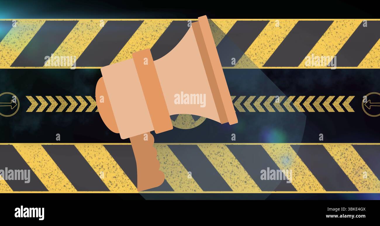 Grand mégaphone beige au design numérique, avec des rayures de danger noires jaunes et des chevrons Banque D'Images