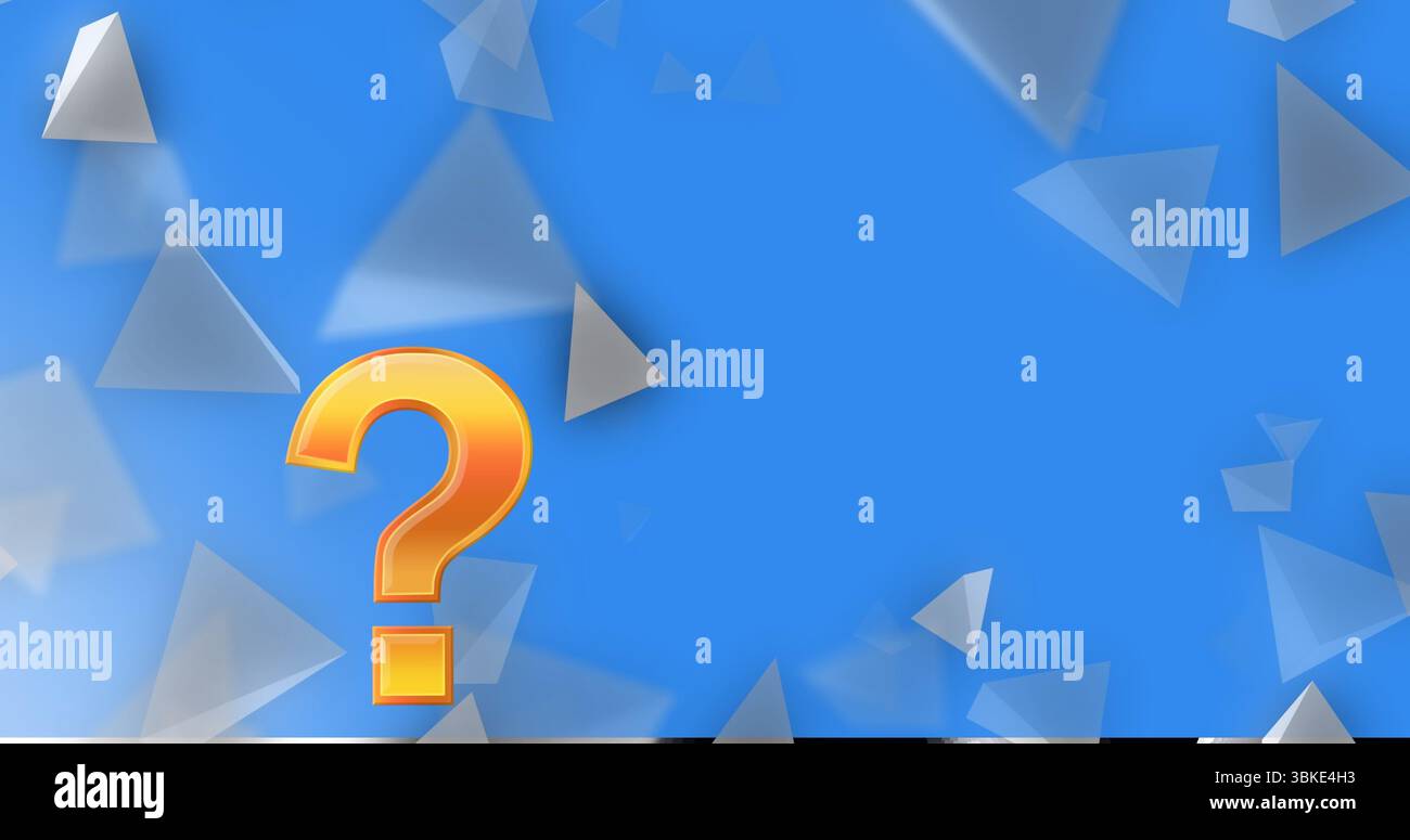 Point d'interrogation doré flottant en trois dimensions dans le studio numérique, avec des triangles, espace de copie Banque D'Images