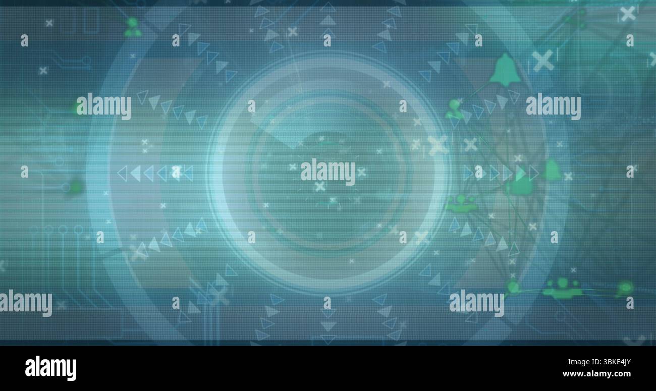 Animation du cercle central HUD sur le tableau de bord, avec une silhouette utilisateur verte et des icônes de cloche de notification Banque D'Images