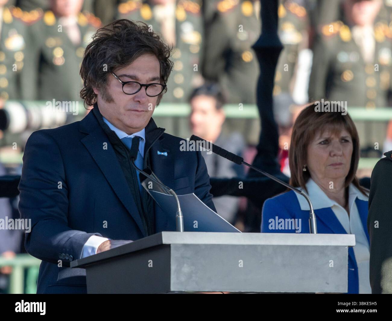 Ville de Buenos Aires, 20 juin 2025. Le président Javier Milei lors de la cérémonie du jour du drapeau. Terrain de polo dans la ville de Buenos Aires, Argentine. Crédit : Facundo Morales/ Banque D'Images