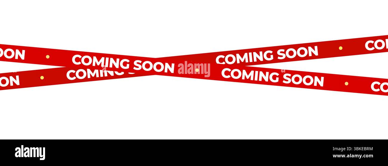 Bientôt disponible Red Banner Tape Stripe pour ouverture de boutique, lancement de soldes, avis de vente au détail, publicité de magasin, teaser de campagne, arrivée des produits, mise en page marketing. Produit Illustration de Vecteur