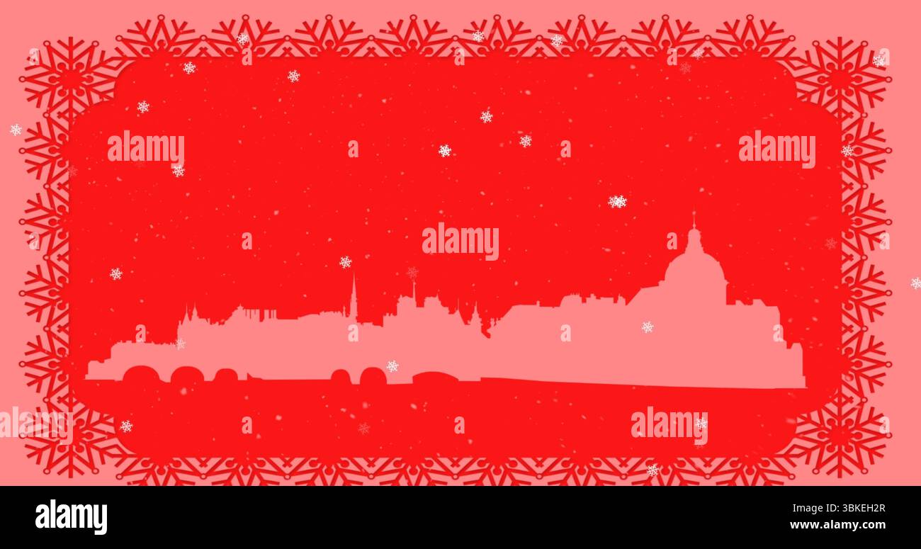 Affichant une silhouette rose de la ville au centre, avec une bordure de flocon de neige rouge et des flocons de neige blancs Banque D'Images