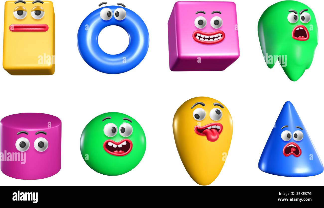 Formes 3D originales en plastique coloré. Figures géométriques abstraites avec des expressions faciales drôles. Mascottes de personnages de créatures ludiques isolées Illustration de Vecteur