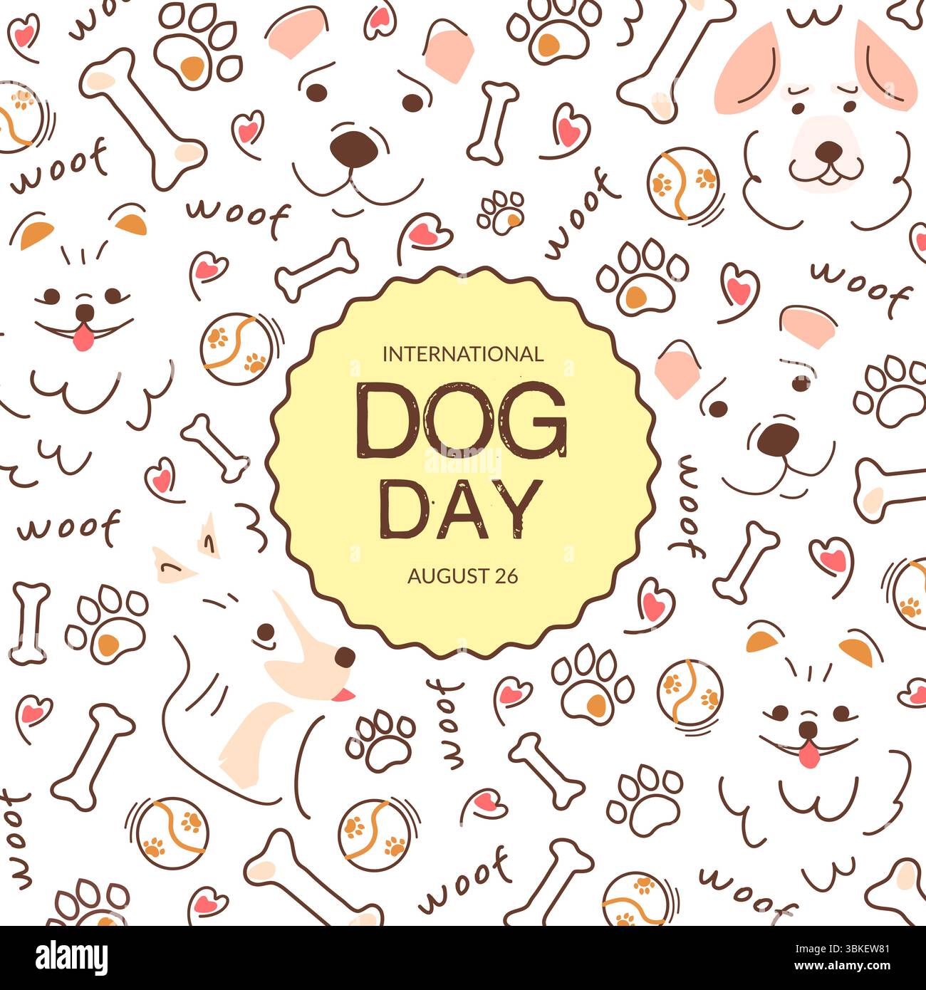 Modèle d'affiche avec des silhouettes de chien, des os et des jouets pour animaux, avec un cadre et un espace pour le texte. Design carré avec des silhouettes de chien mignonnes pour la Journée internationale du chien. Conception graphique pour cartes de vœux. Illustration de Vecteur