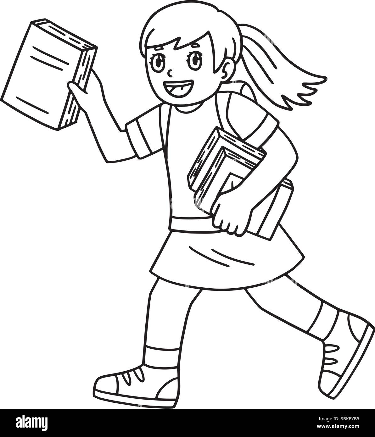 School Yard Girl avec livres page de coloriage isolée Illustration de Vecteur