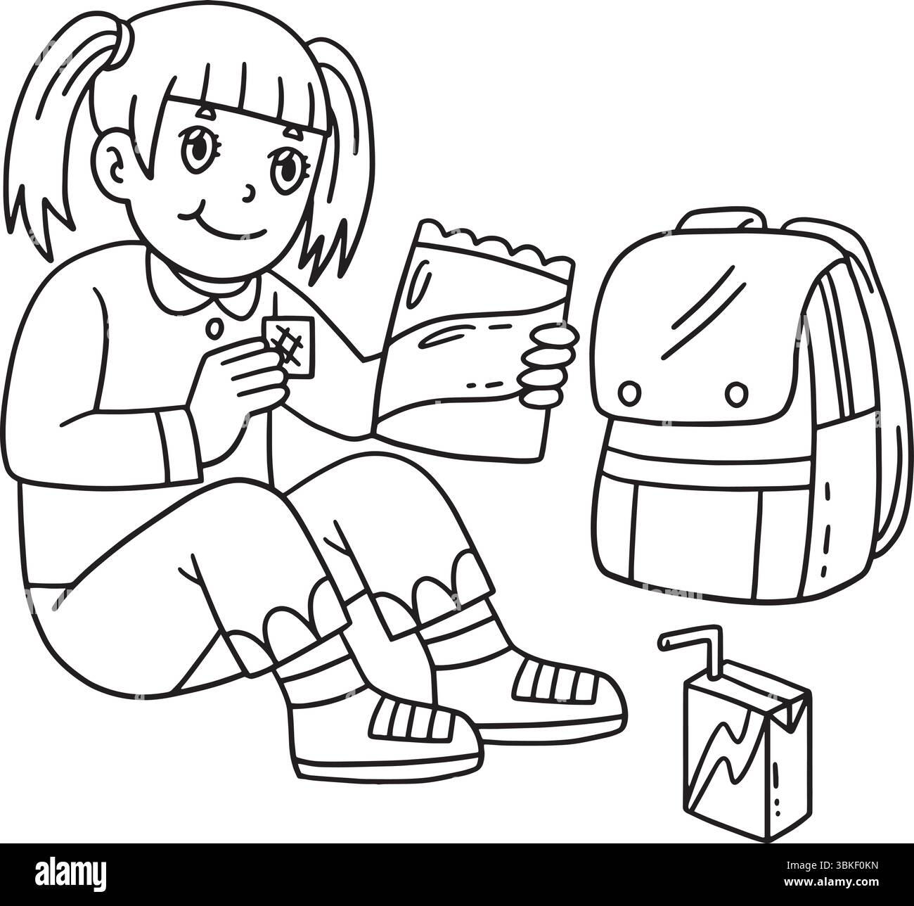 School Yard Girl mangeant des collations sac à dos isolé Illustration de Vecteur