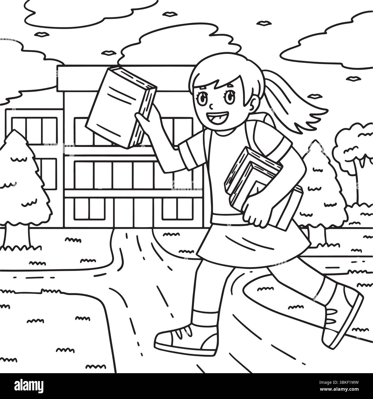 School Yard Girl avec livres Coloriage page pour enfants Illustration de Vecteur