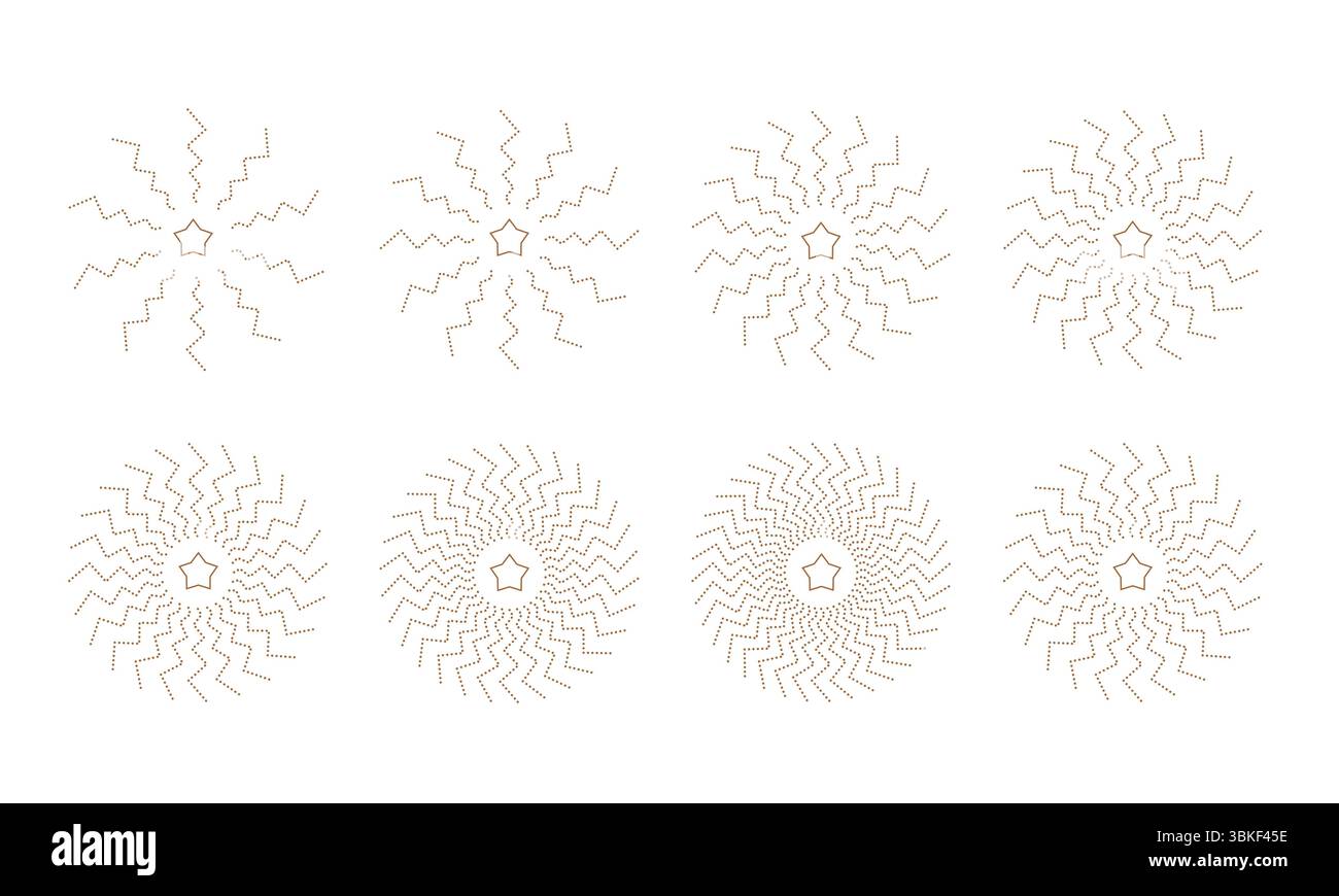 Hélice ronde Sunburst, icônes d'explosion avec étoile. Formes géométriques de cercle abstrait en spirale. Jeu d'illustrations vectorielles. Illustration de Vecteur