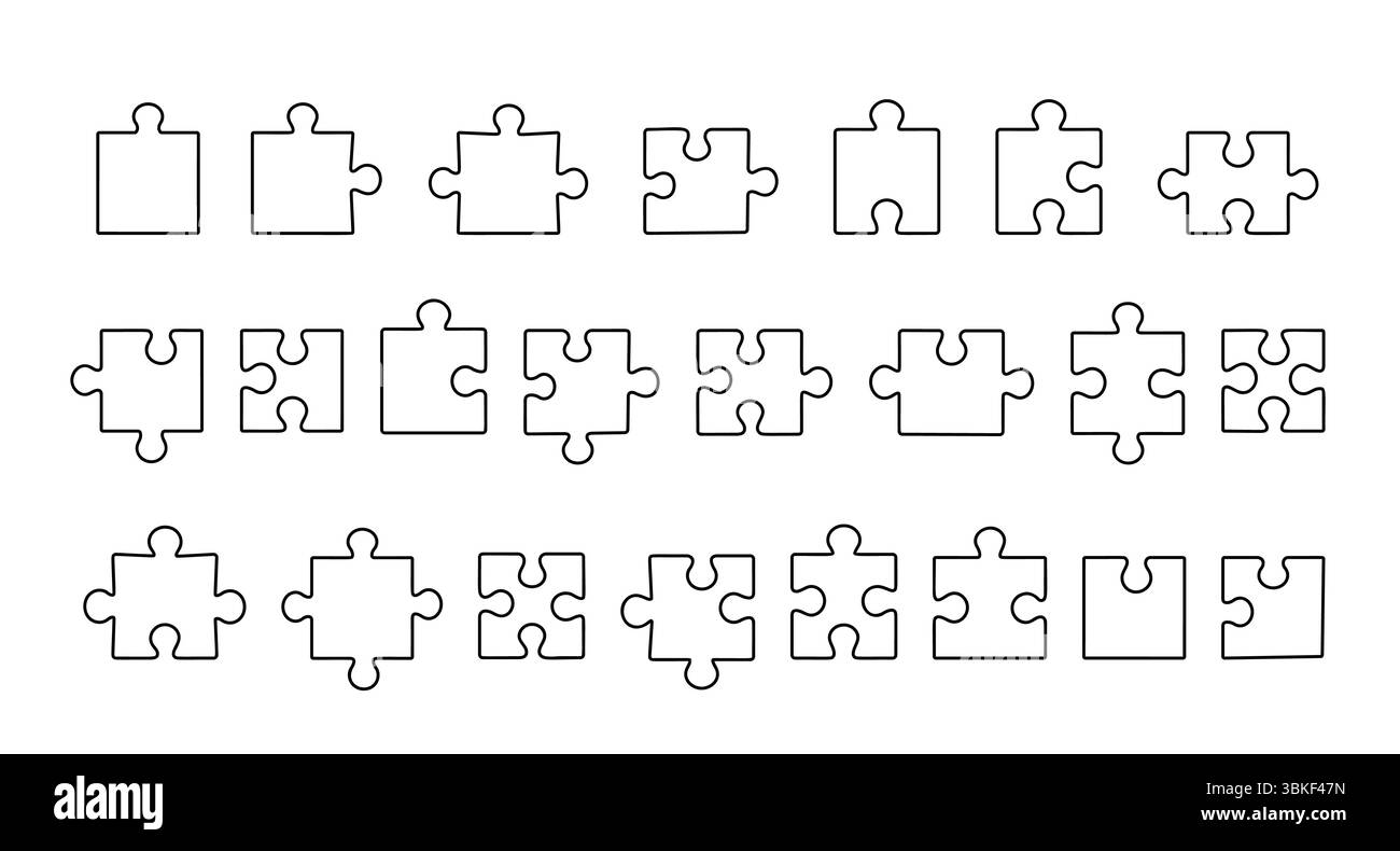 Puzzle pièces séparées set simple contour doodle illustration dessinée à la main, ligne jigsaw éléments de conception de jeu pour les enfants et les adultes Illustration de Vecteur