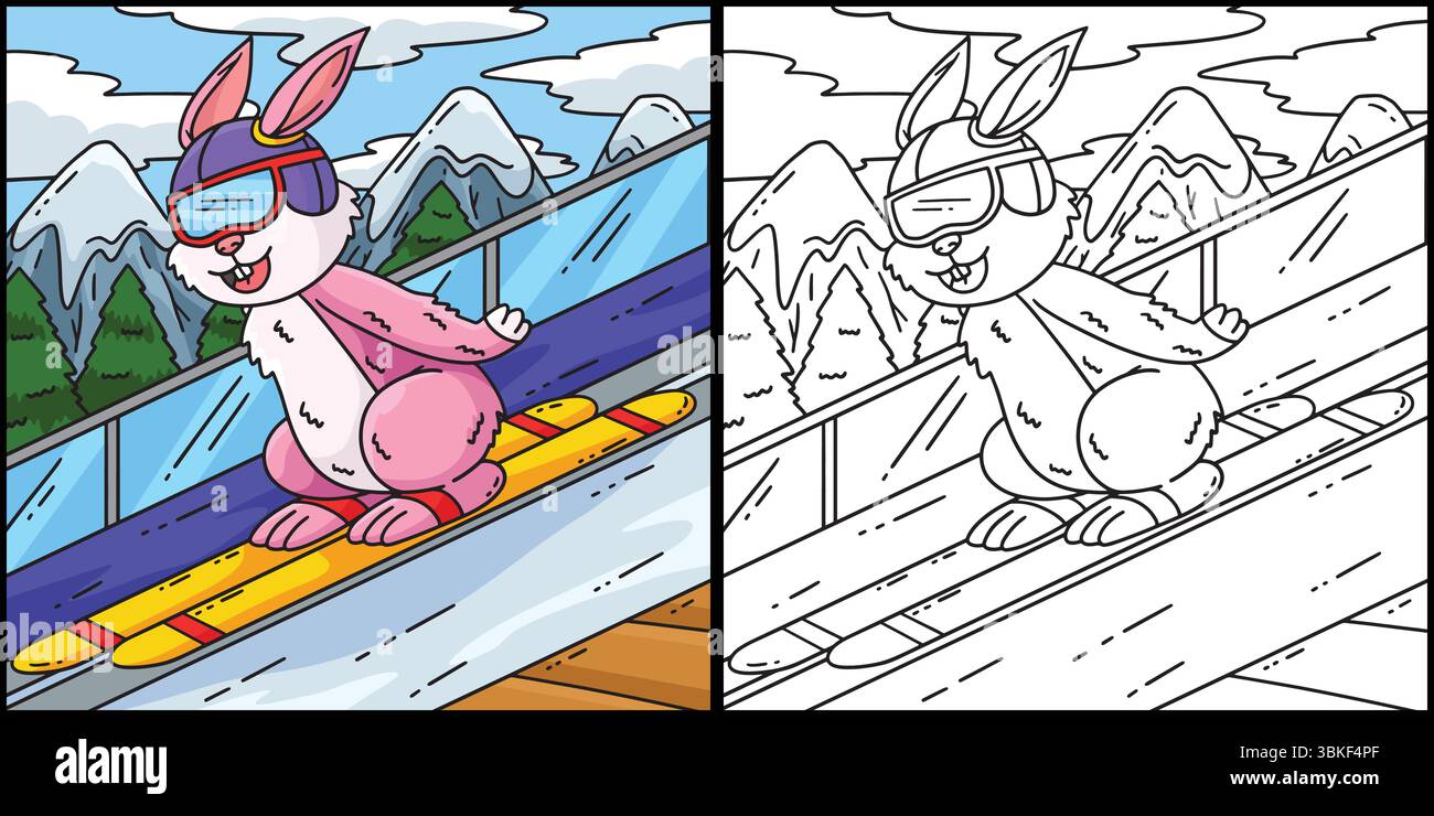 Illustration de la page de coloration de lapin de saut à ski Illustration de Vecteur